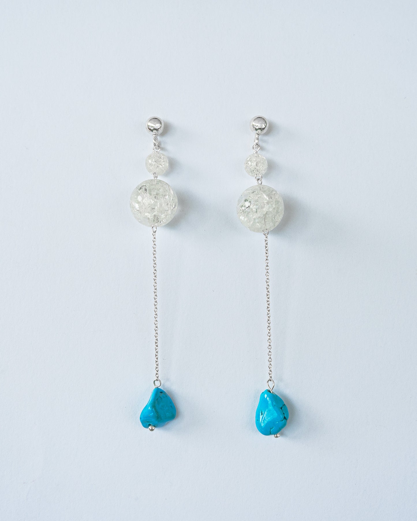 Elegant Chain Earrings featuring shimmering Crackle Quartz and unique irregular Turquoise stones.
