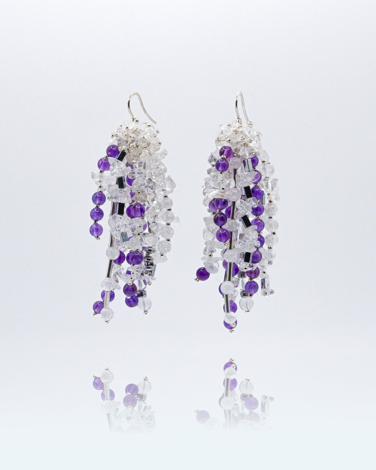 Boho Chic Fringe Earrings – Amethyst, Hematite, and Quartz