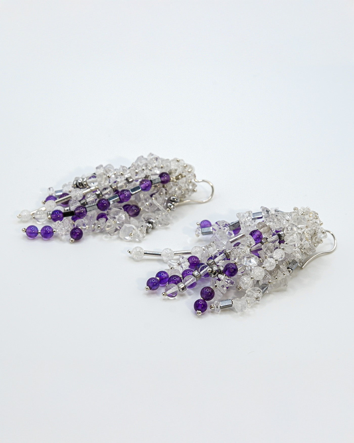 Boho Chic Fringe Earrings – Amethyst, Hematite, and Quartz