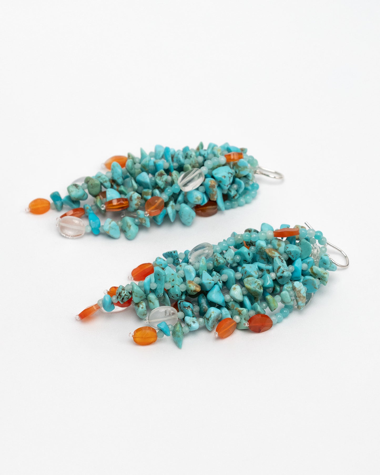 Fringe earrings with turquoise, amazonite, and quartz. Handmade sterling silver statement jewelry, unique boho chic design.