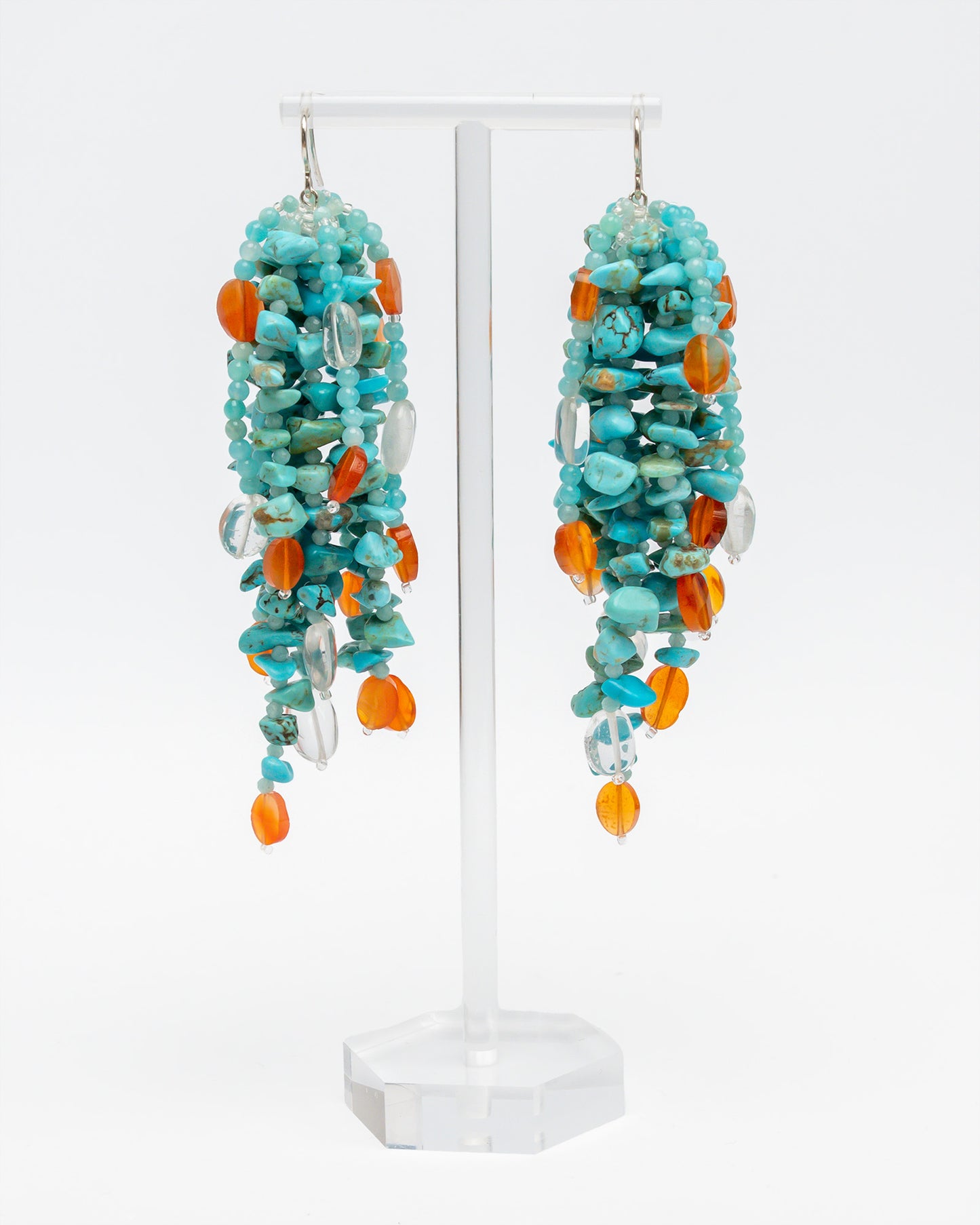 Fringe earrings with turquoise, amazonite, and quartz. Handmade sterling silver statement jewelry, unique boho chic design.
