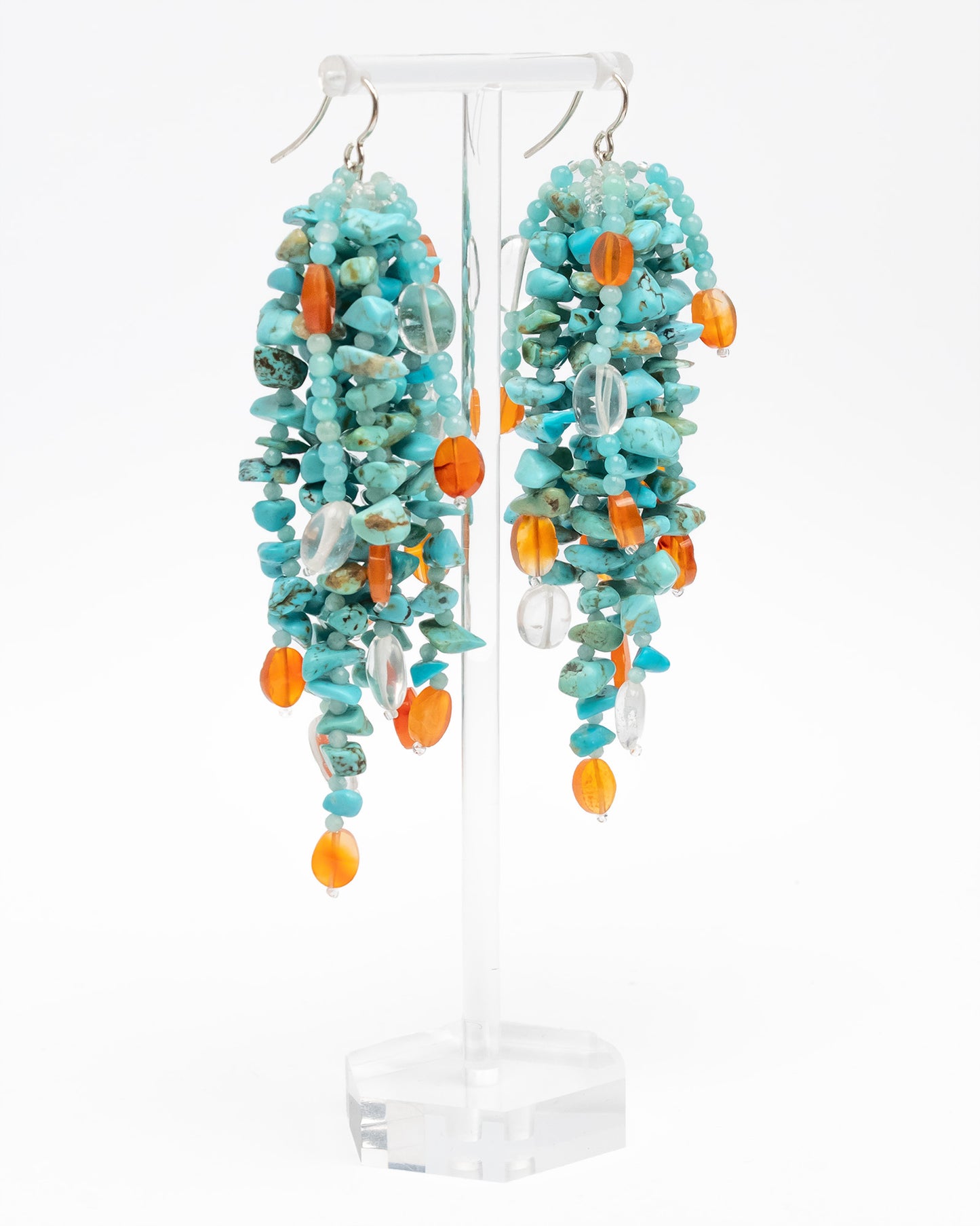 Fringe earrings with turquoise, amazonite, and quartz. Handmade sterling silver statement jewelry, unique boho chic design.