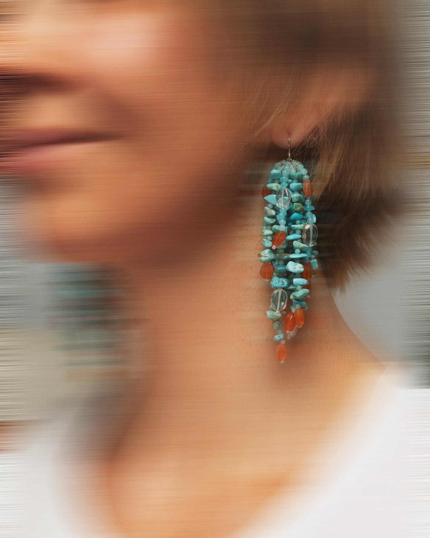Fringe earrings with turquoise, amazonite, and quartz. Handmade sterling silver statement jewelry, unique boho chic design.