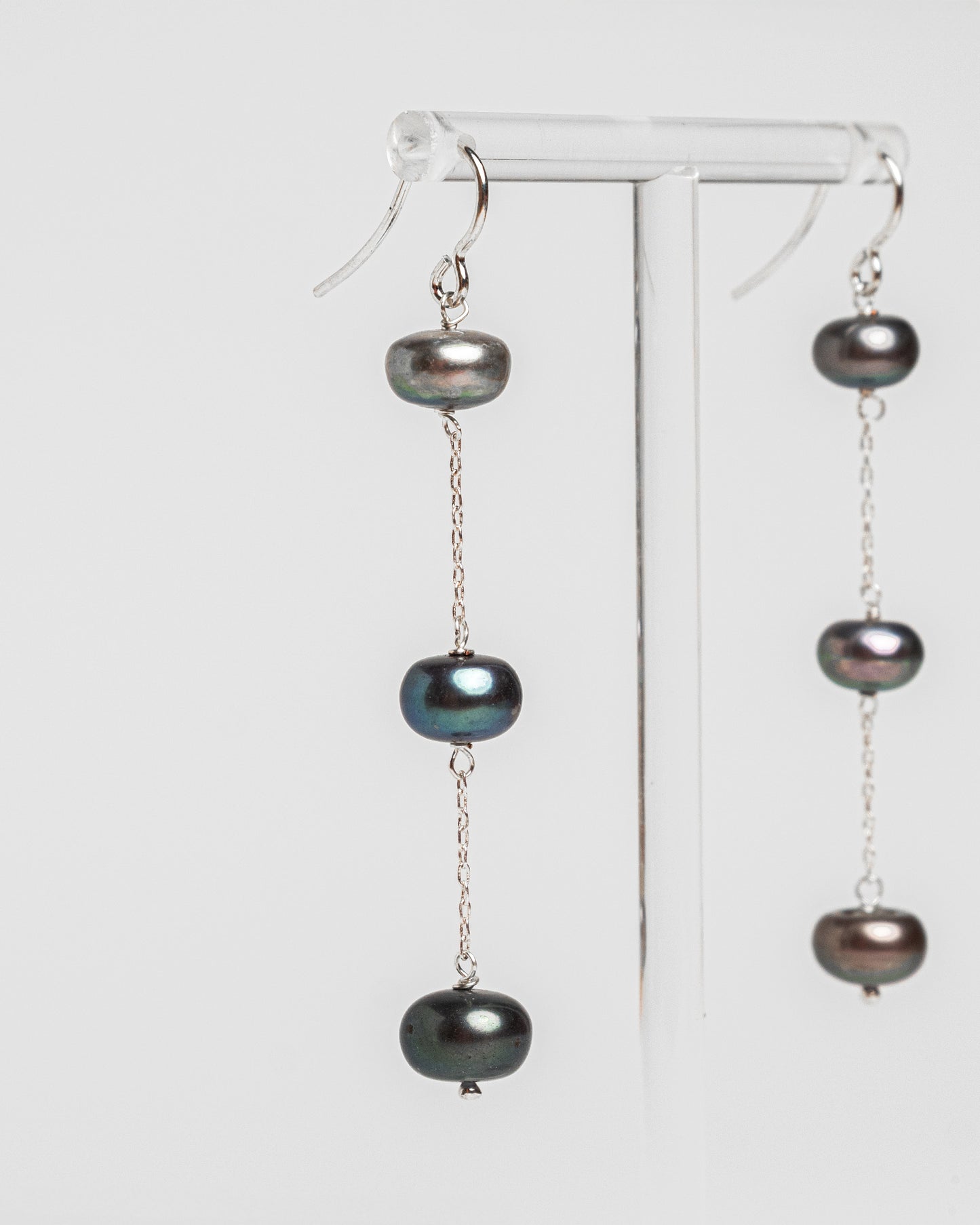 Sterling silver black pearl drop earrings with baroque freshwater pearls. Long handmade statement earrings