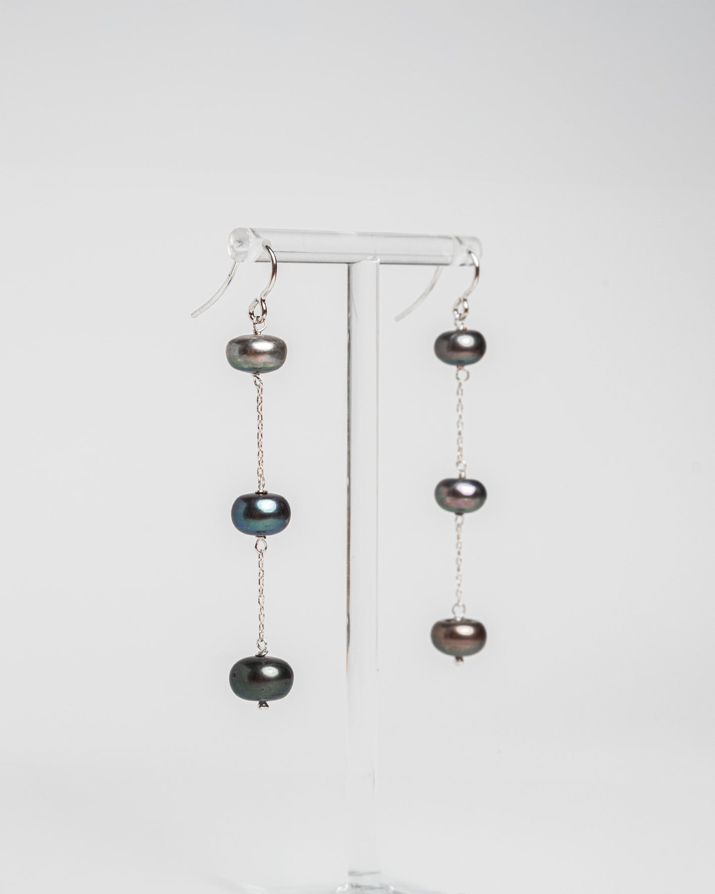 Sterling silver black pearl drop earrings with baroque freshwater pearls. Long handmade statement earrings