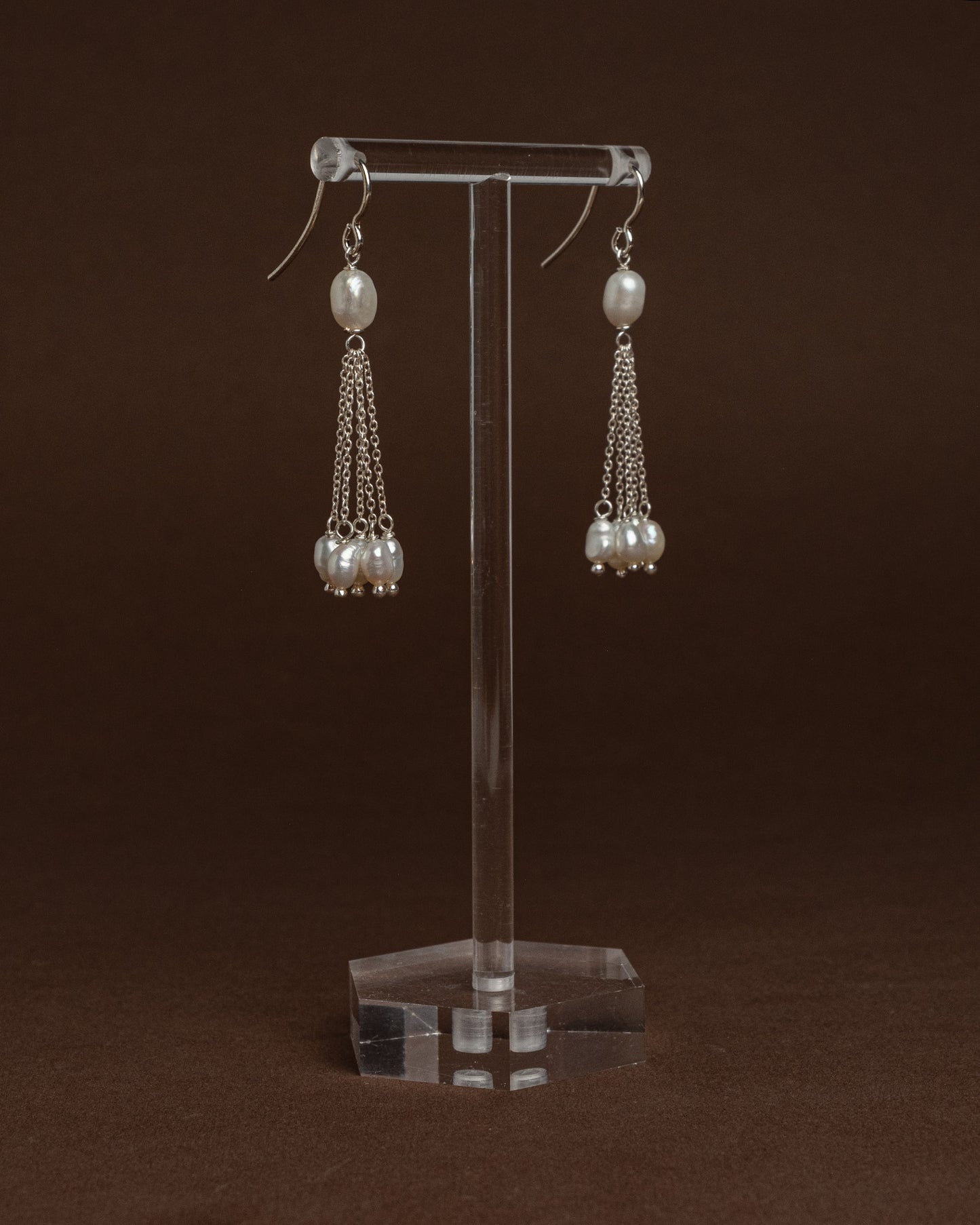 Baroque pearl drop earrings with sterling silver chains. Handmade modern bridal jewelry, perfect for weddings or minimalist statement looks.