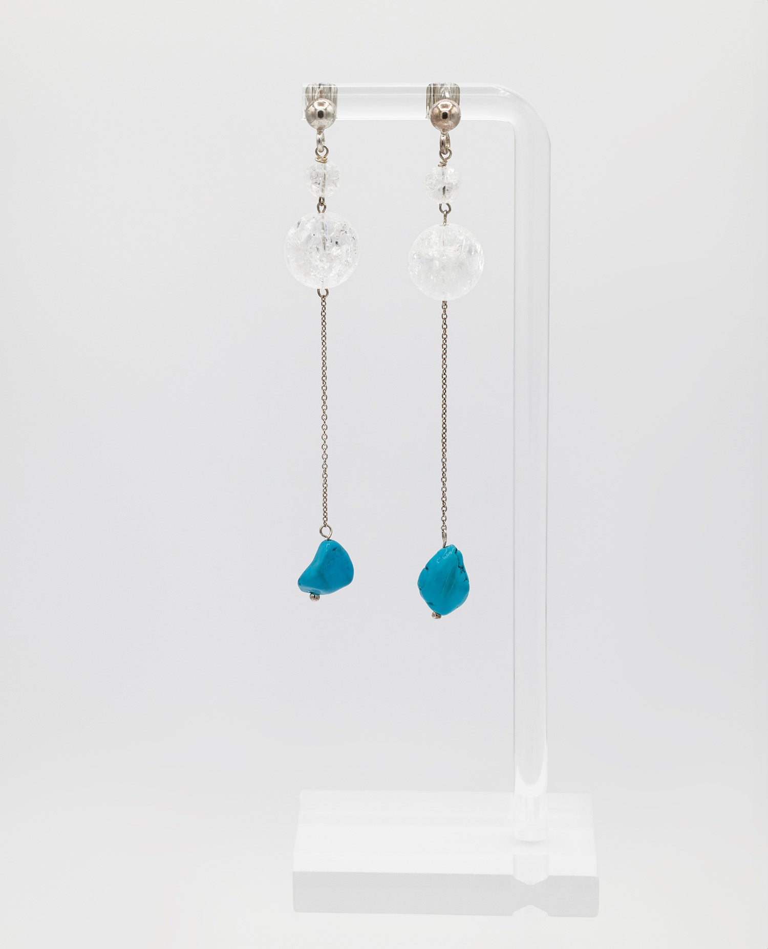 Elegant Chain Earrings featuring shimmering Crackle Quartz and unique irregular Turquoise stones. 