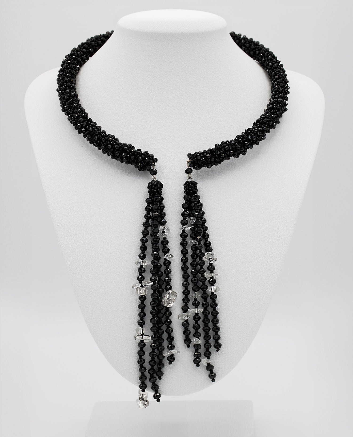 Spinel and quartz open choker featuring sparkling black spinel and clear quartz stones in an adjustable design, tailored for comfort and elegance.