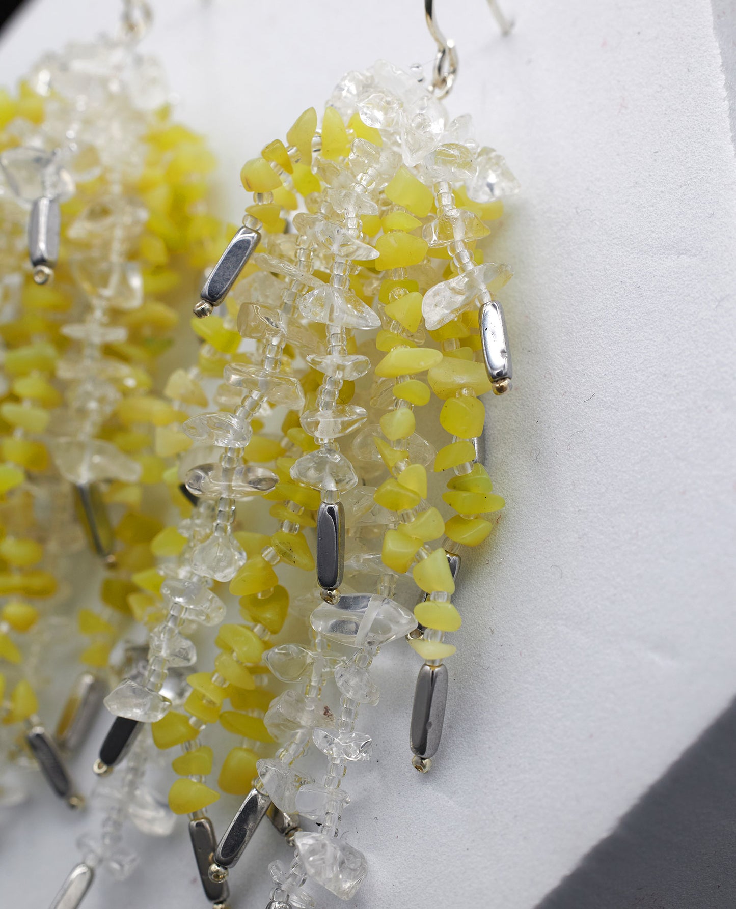 Mixed earrings featuring transparent clear quartz, bright yellow sulfur stones, and oval hematite beads with silver hooks, 8 cm in length.