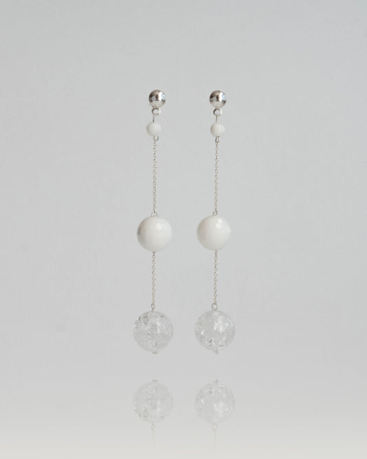 Chain Earrings with Transparent Quartz and  White Coral