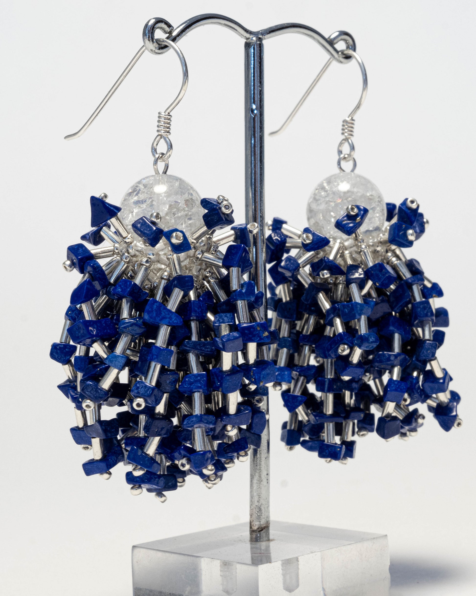 Lapis lazuli sparkling fringe earrings featuring vibrant blue gemstones with silver hooks, 6 cm in length, offering timeless elegance.