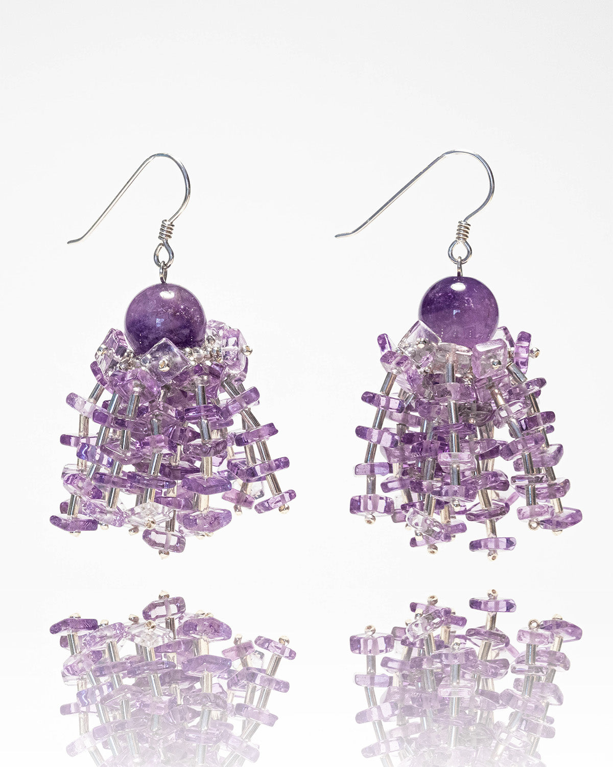 Fringe amethyst earrings featuring vibrant purple gemstones and silver hooks, 6 cm in length, offering natural elegance and fluid design.