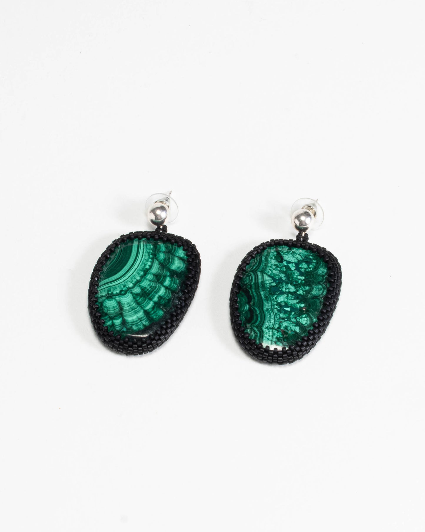 Malachite big stone earrings featuring vibrant green natural gemstones with silver studs, 5 cm in length, offering bold elegance.