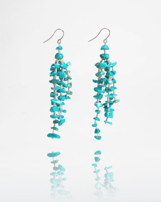 Turquoise stone fringe earrings featuring vibrant turquoise stones with silver hooks, 9 cm in length, offering a long and elegant design.