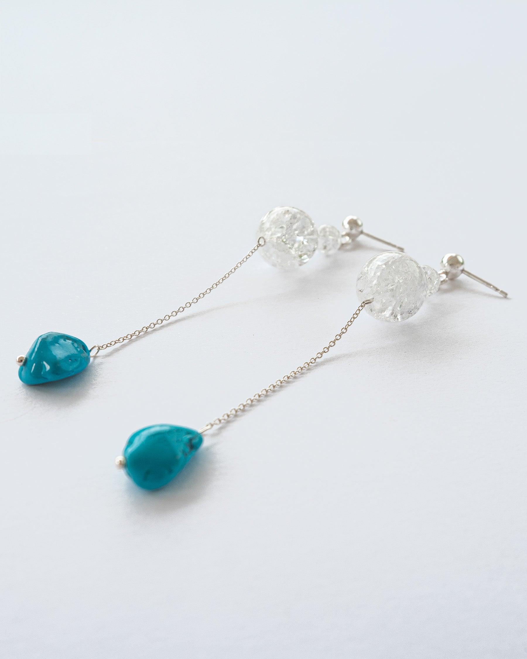 Elegant Chain Earrings featuring shimmering Crackle Quartz and unique irregular Turquoise stones. 