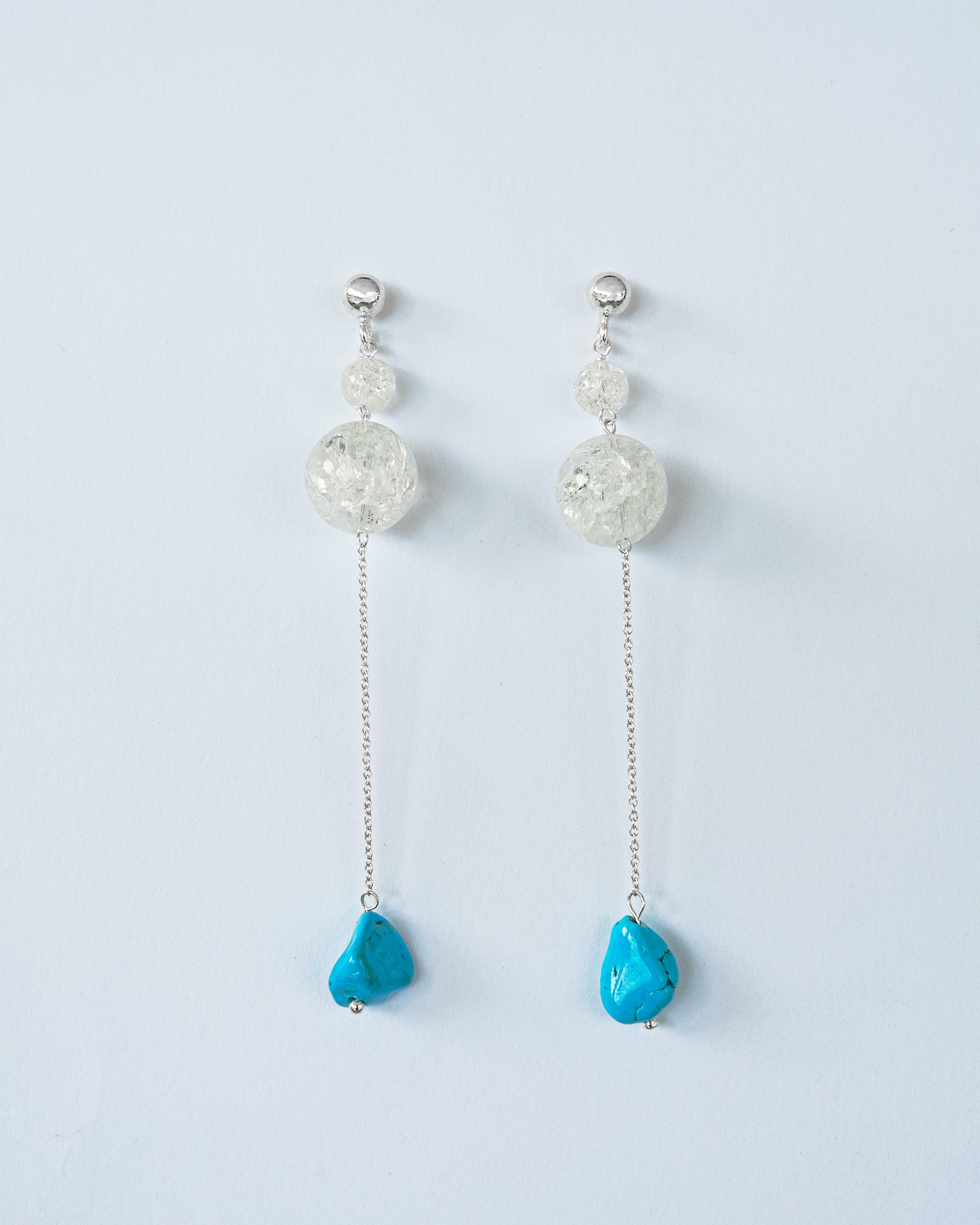 Elegant Chain Earrings featuring shimmering Crackle Quartz and unique irregular Turquoise stones. 