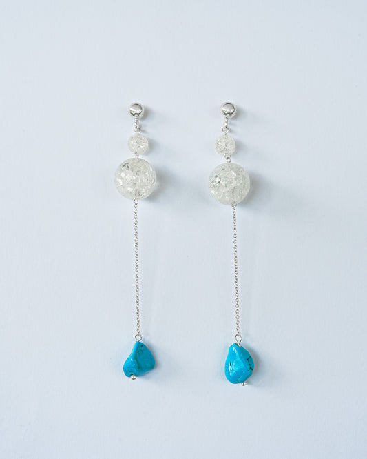 Elegant Chain Earrings featuring shimmering Crackle Quartz and unique irregular Turquoise stones. 