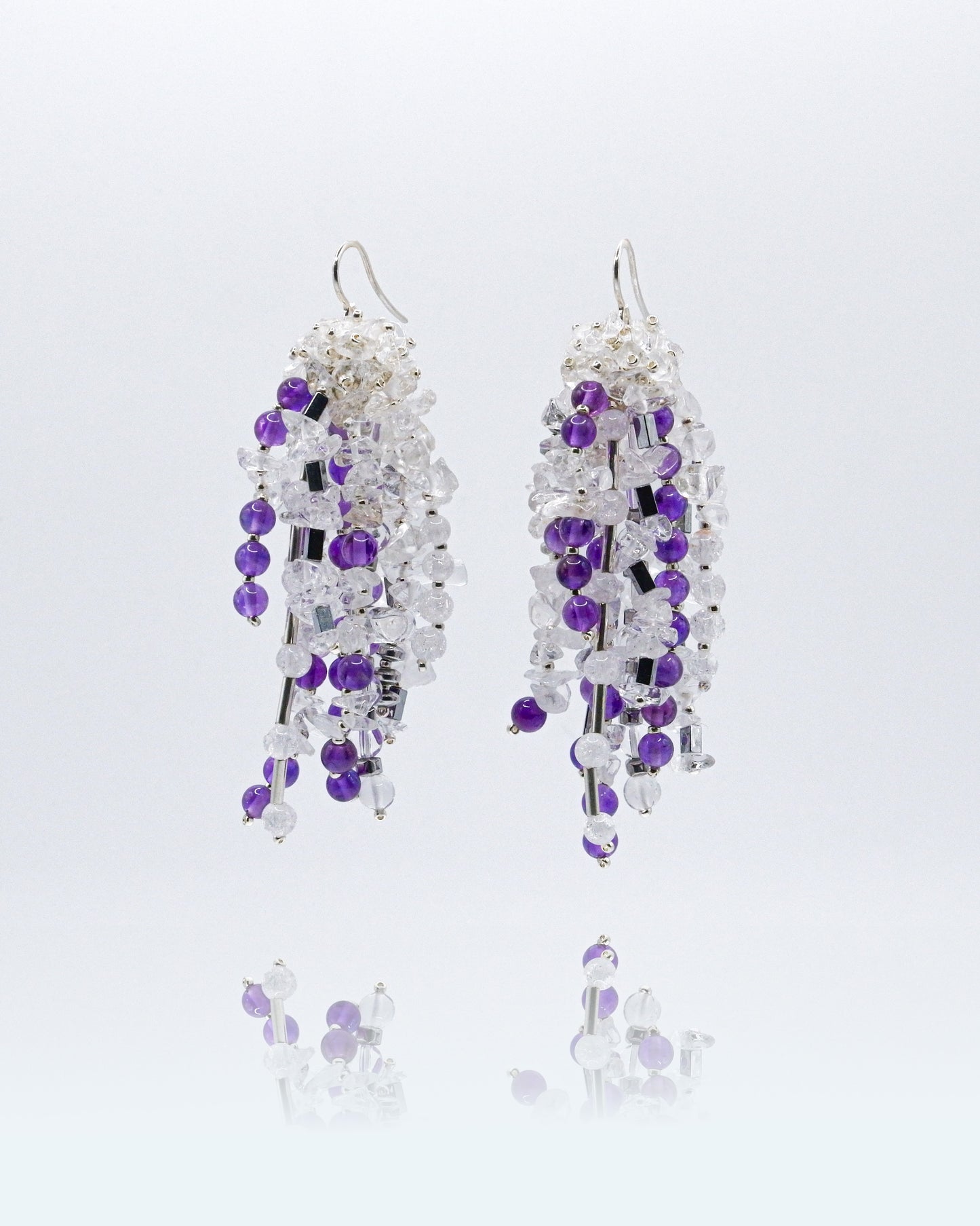 Pendientes de flecos boho chic: amatista, hematita y cuarzo