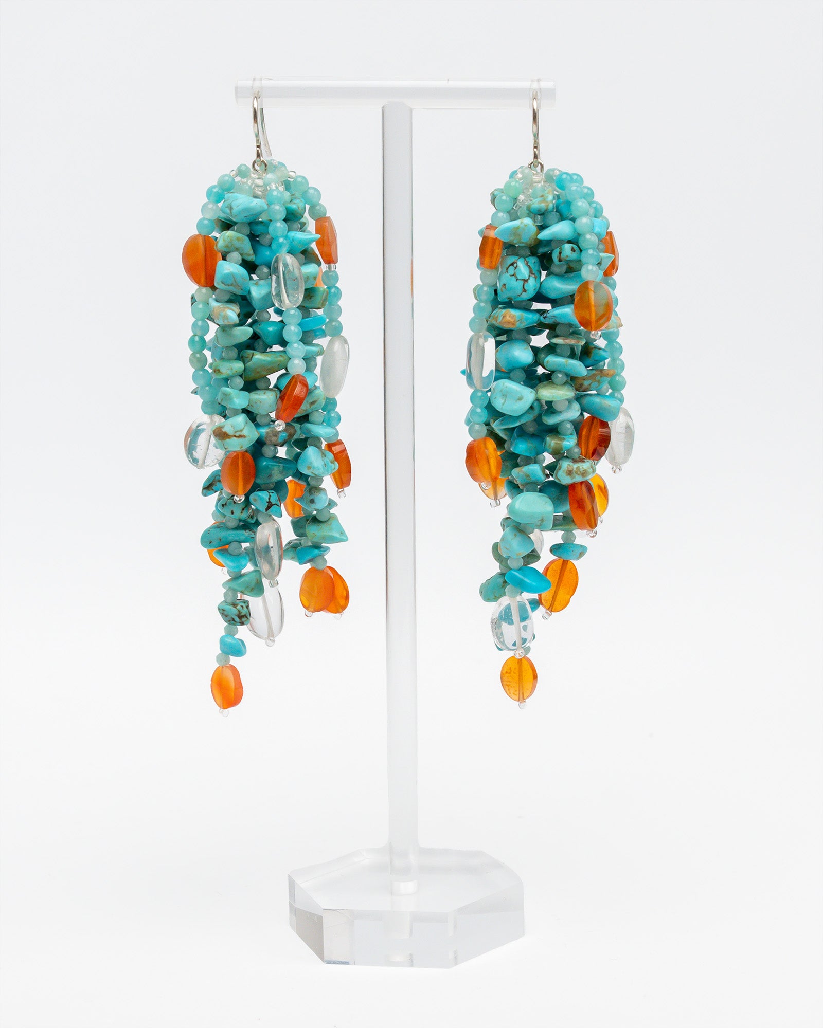 Fringe earrings with turquoise, amazonite, and quartz. Handmade sterling silver statement jewelry, unique boho chic design.