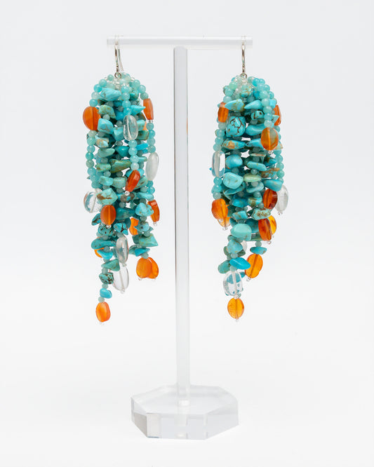 Fringe earrings with turquoise, amazonite, and quartz. Handmade sterling silver statement jewelry, unique boho chic design.