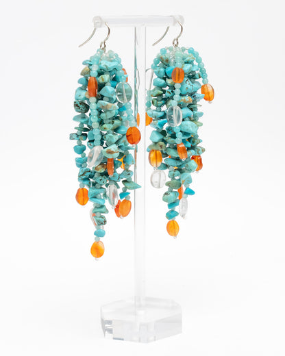Fringe earrings with turquoise, amazonite, and quartz. Handmade sterling silver statement jewelry, unique boho chic design.
