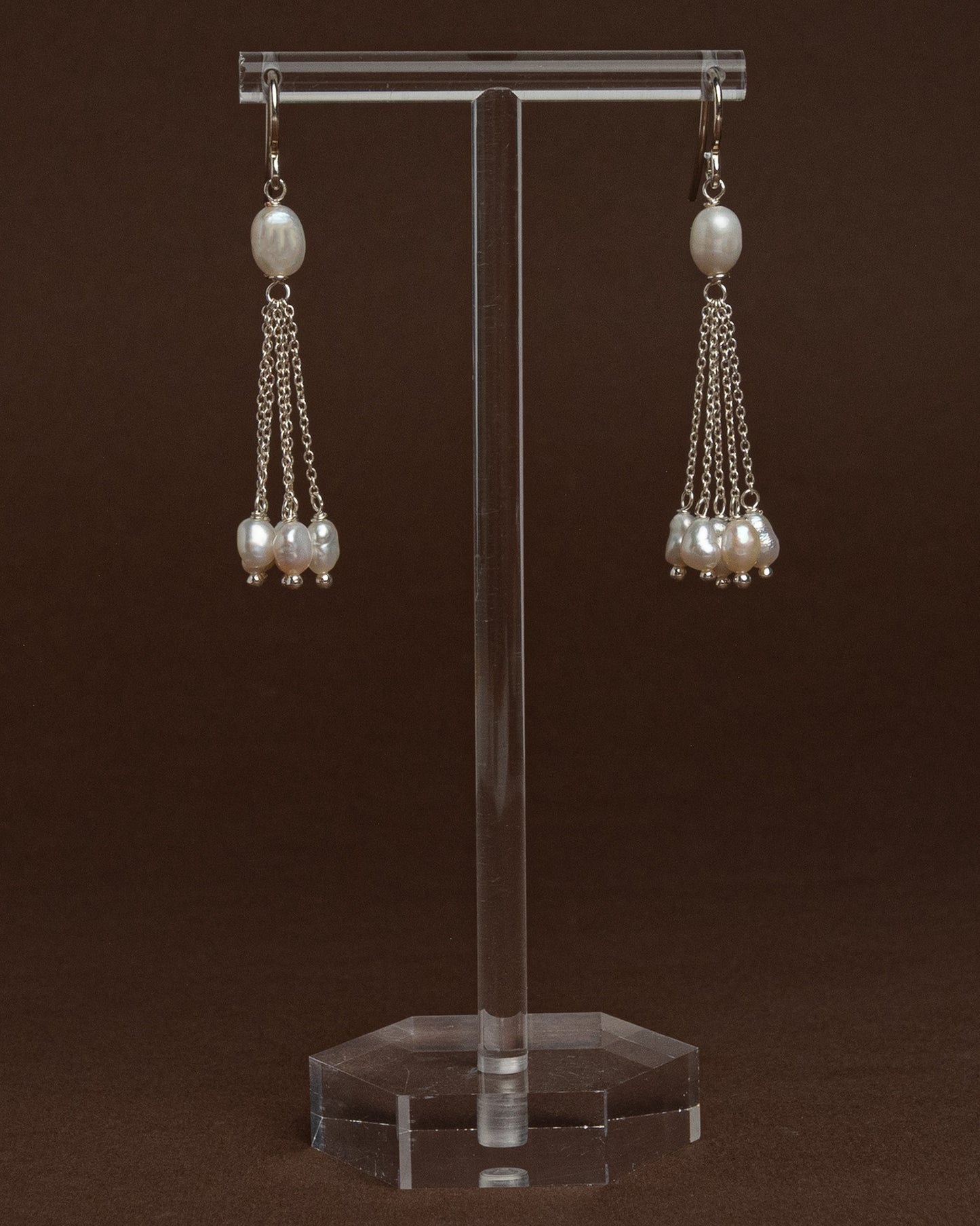 Baroque pearl drop earrings with sterling silver chains. Handmade modern bridal jewelry, perfect for weddings or minimalist statement looks.