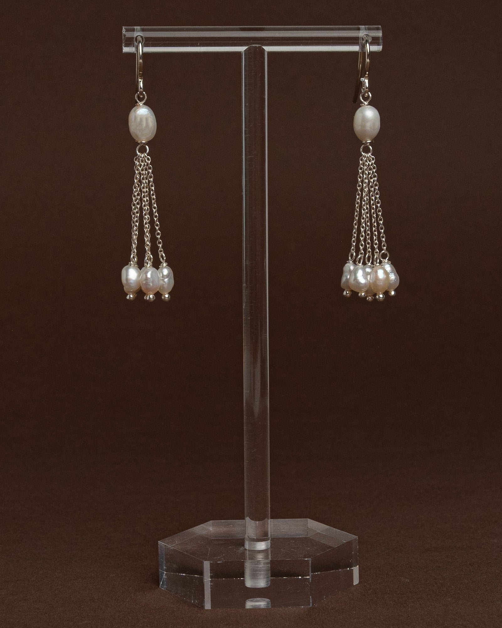 Baroque pearl drop earrings with sterling silver chains. Handmade modern bridal jewelry, perfect for weddings or minimalist statement looks.