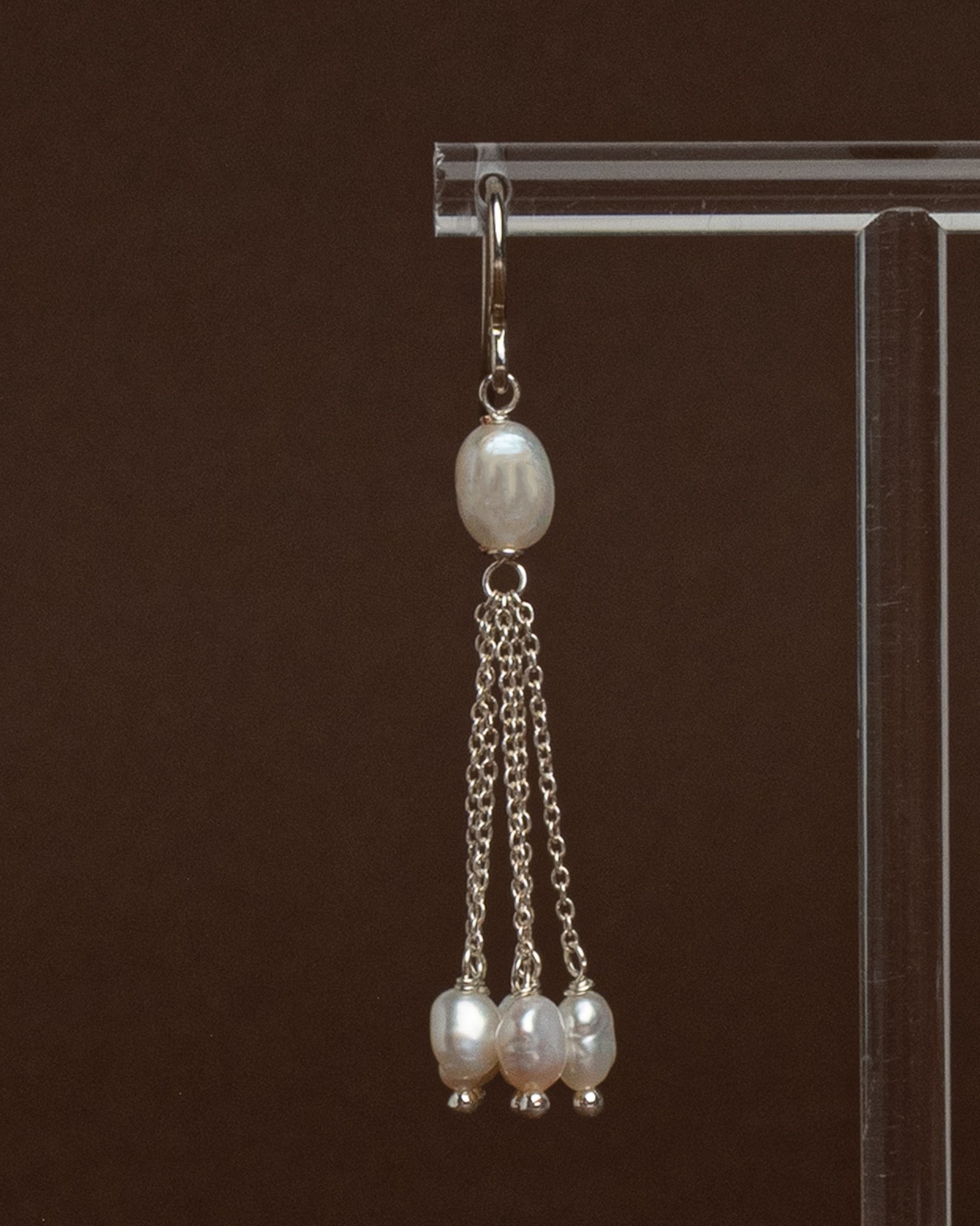 Baroque pearl drop earrings with sterling silver chains. Handmade modern bridal jewelry, perfect for weddings or minimalist statement looks.
