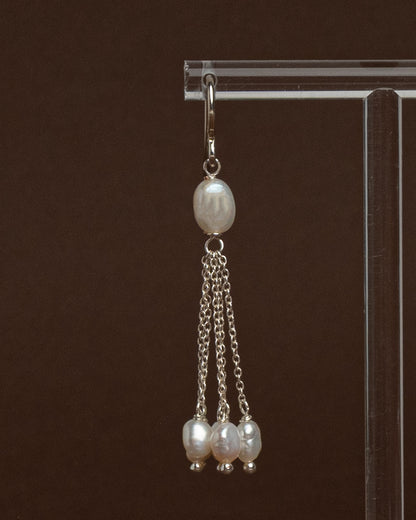 Baroque pearl drop earrings with sterling silver chains. Handmade modern bridal jewelry, perfect for weddings or minimalist statement looks.