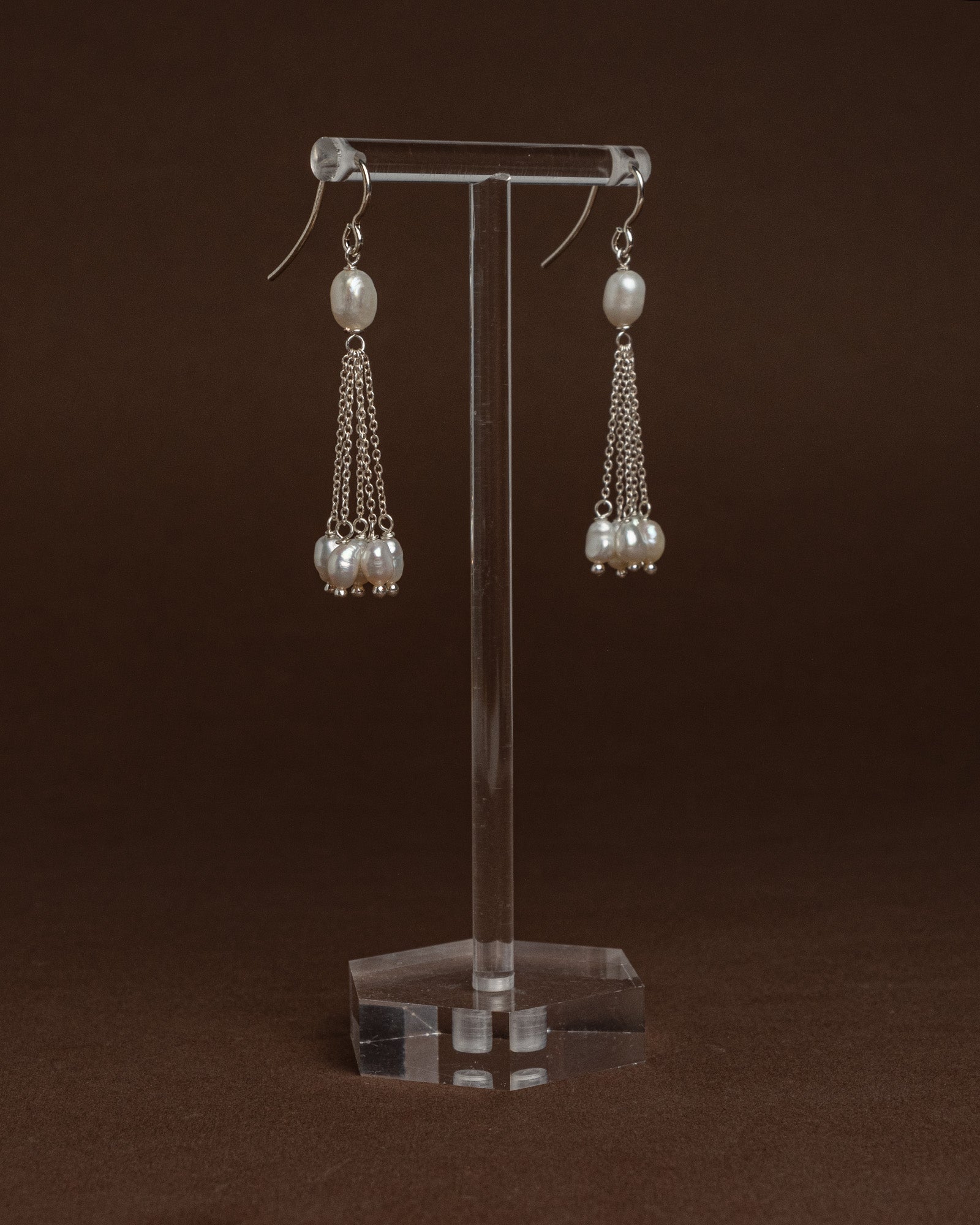 Baroque pearl drop earrings with sterling silver chains. Handmade modern bridal jewelry, perfect for weddings or minimalist statement looks.