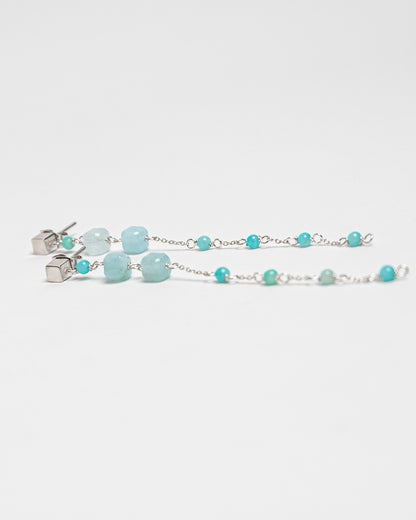 Pendientes largos artesanales de amazonita con cadena de plata