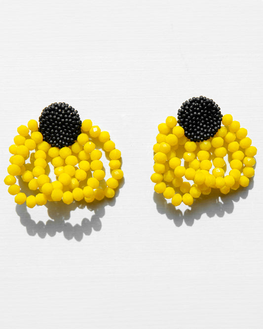 Summer style yellow earrings featuring sunny crystals and Japanese seed beads with silver studs, 5 cm in length, perfect for vibrant seasonal looks.